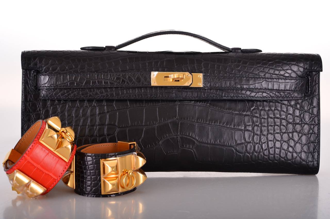 Hermès Kelly Cut Pochette Black Porosus Crocodile Gold Hardware