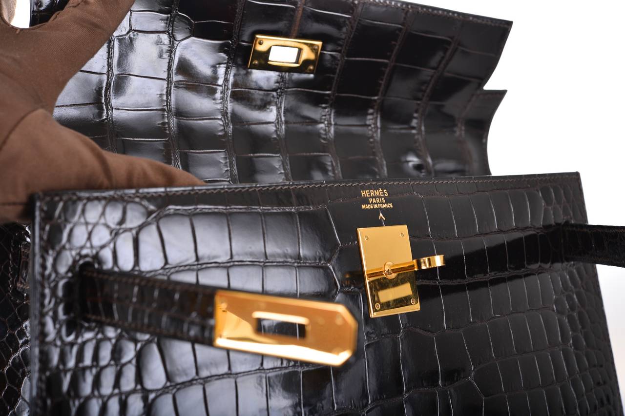 HERMES KELLY BAG 32cm EBENE POROSUS CROCODILE GOLD HARDWARE ...  