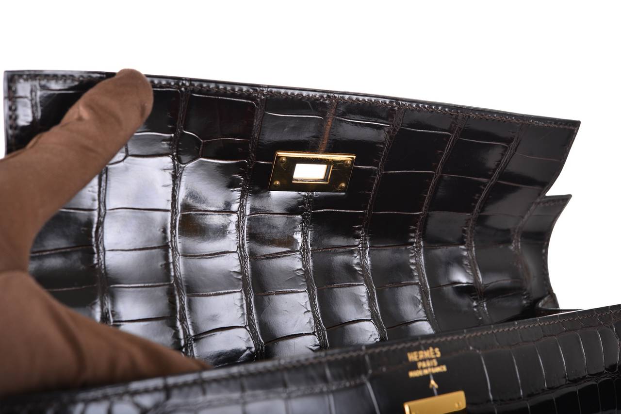 HERMES KELLY BAG 32cm EBENE POROSUS CROCODILE GOLD HARDWARE Janefinds 6