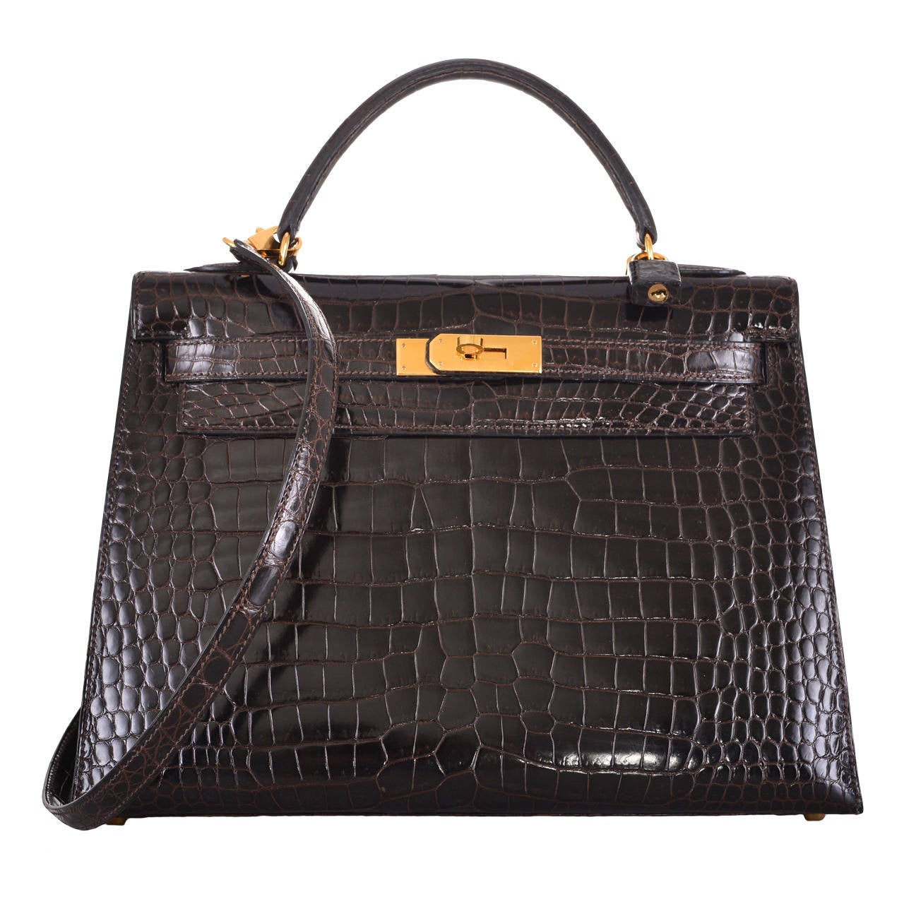 HERMES KELLY BAG 32cm EBENE POROSUS CROCODILE GOLD HARDWARE Janefinds