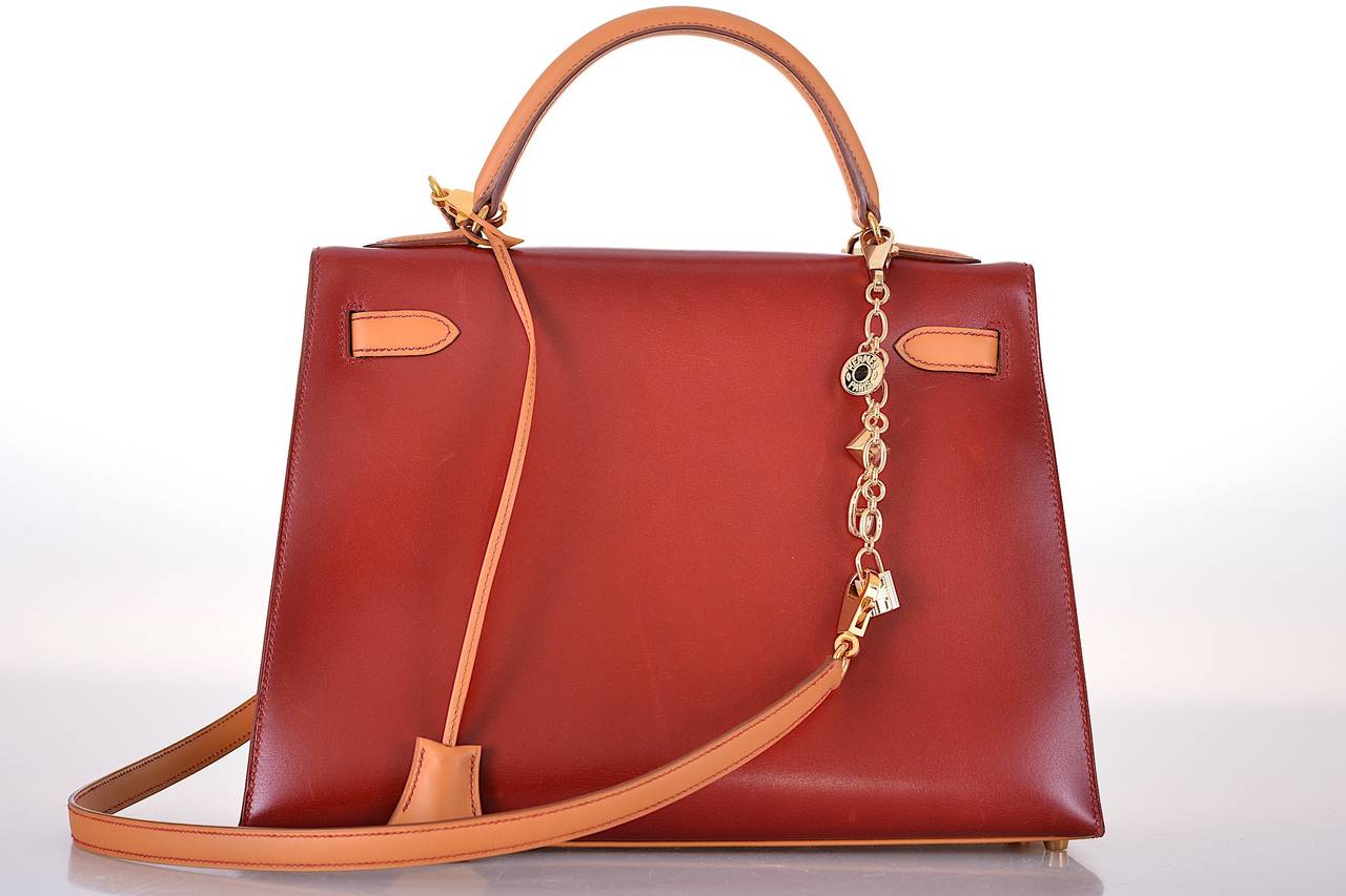 HERMES KELLY 32cm TRI COLOR BOX CALF SELLIER VERMILLION RED ROUGE H & GOLD In Excellent Condition In NYC Tri-State/Miami, NY