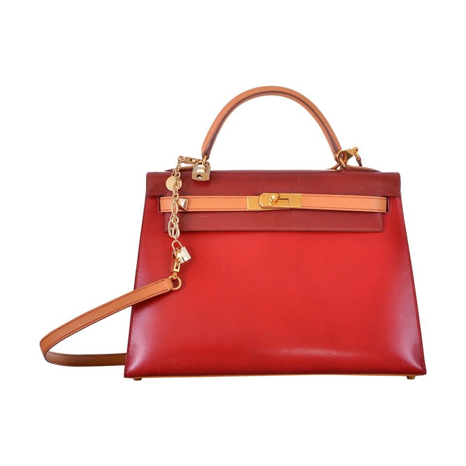 HERMES KELLY 32cm TRI COLOR BOX CALF SELLIER VERMILLION RED ROUGE H & GOLD