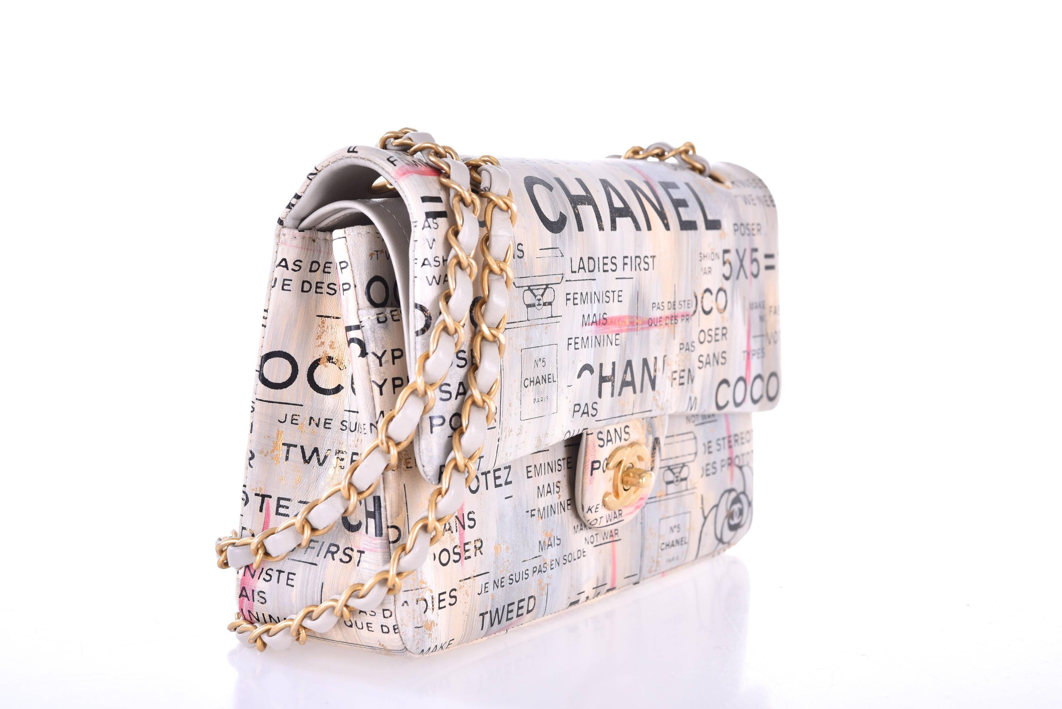 Chanel Medium  Graffiti Logo Newspaper Print Double Flap Bag RUNWAY limited  

New Condition 
 6.3’ x 10’x 3’ inches

Very Limited Chanel Multicolor Hand painted Lambskin medium flap bag.

Very hard to find. Chanel VIP Limited Edition. A