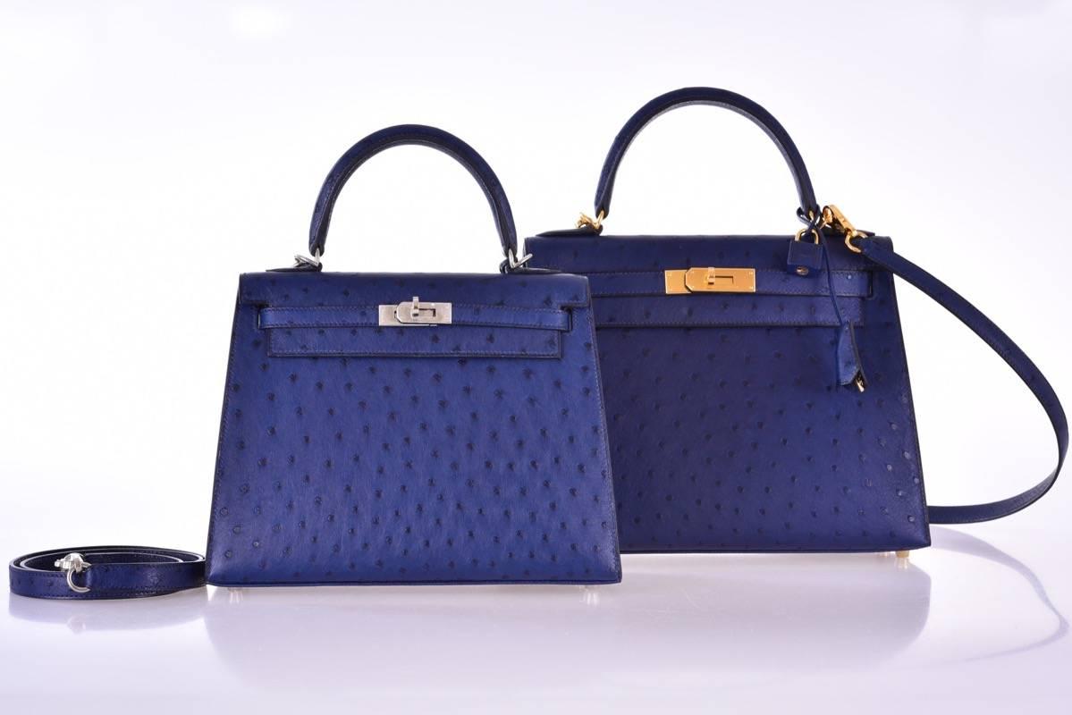 Hermes Ostrich Kelly 25cm Blue Iris Palladium Hardware JaneFinds In New Condition In NYC Tri-State/Miami, NY