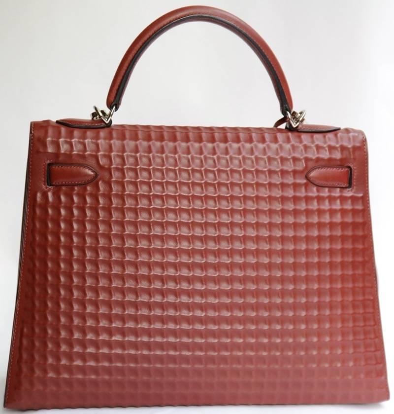 Brown Hermes Kelly 32cm Rouge H Waffle Sellier Palladium Hardware JaneFinds