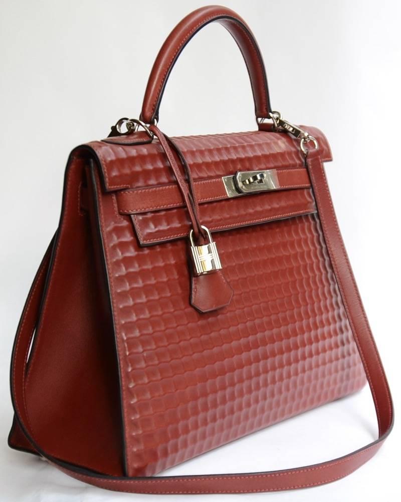 Hermes Kelly 32cm Rouge H Waffle Sellier Palladium Hardware JaneFinds In New Condition In NYC Tri-State/Miami, NY