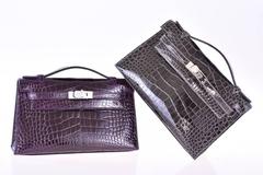 Hermes Kelly Pochette Clutch Cut Aubergine Amethyst Alligator PHW JaneFinds