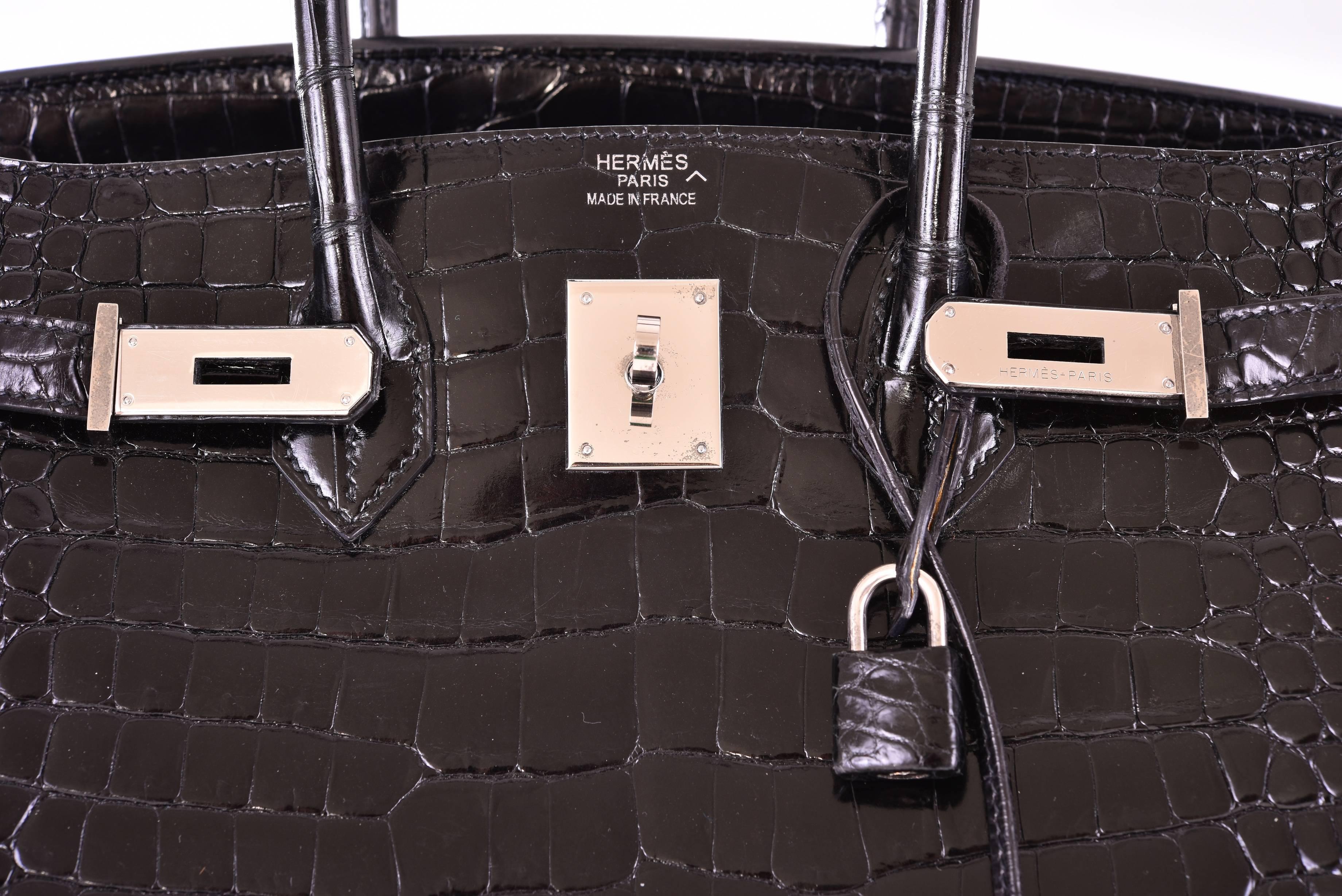 Women's or Men's Hermes Birkin Bag 35cm Black Shiny Porosus Skin Palladium Hardware JaneFinds