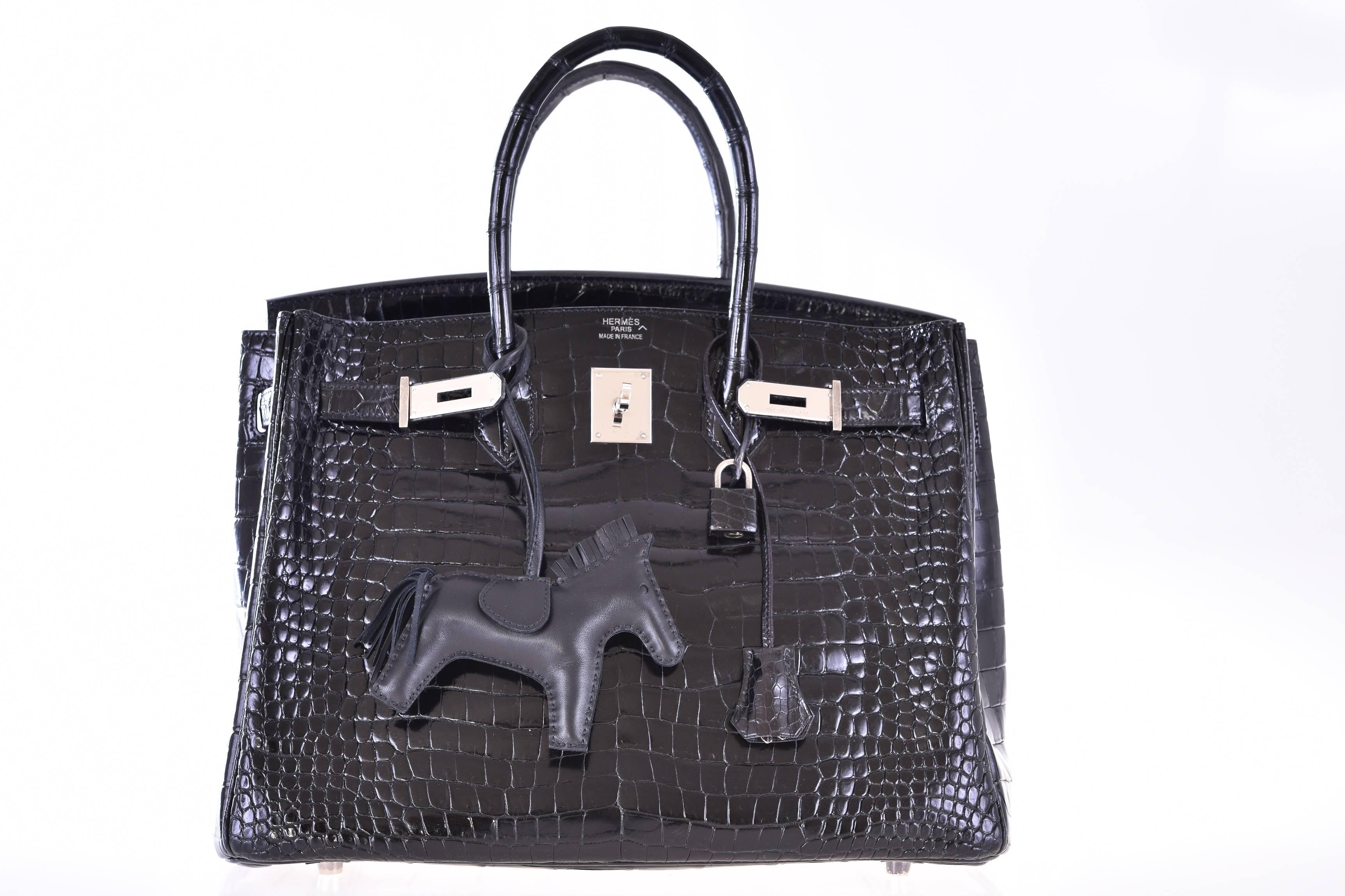Hermes Birkin Bag 35cm Black Shiny Porosus Skin Palladium Hardware JaneFinds 4