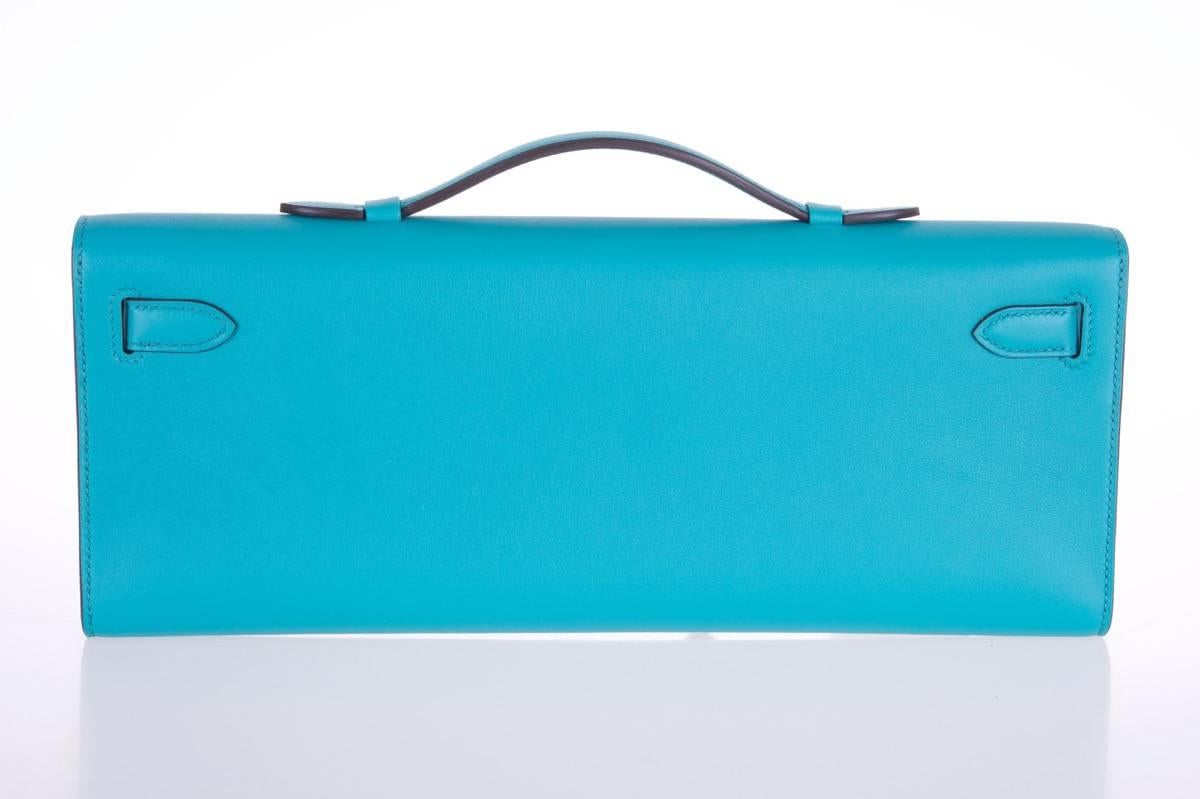 Women's or Men's Hermes Blue Paon Swift Kelly Cut Clutch Amazing Color only on JF For Sale