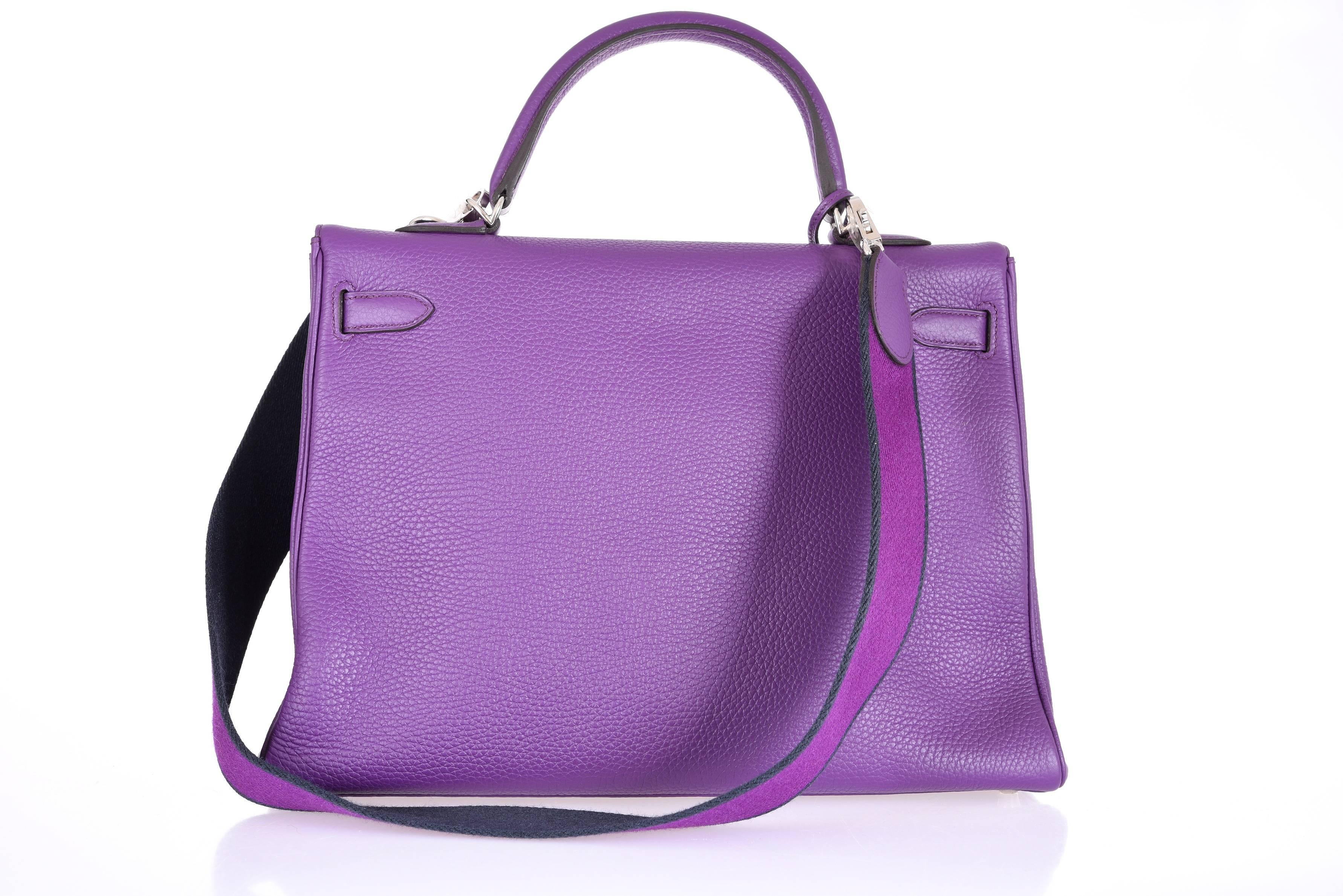 Women's or Men's Hermes Kelly Bag 35cm Ultra Violet with PHW Amazone strap JaneFinds For Sale