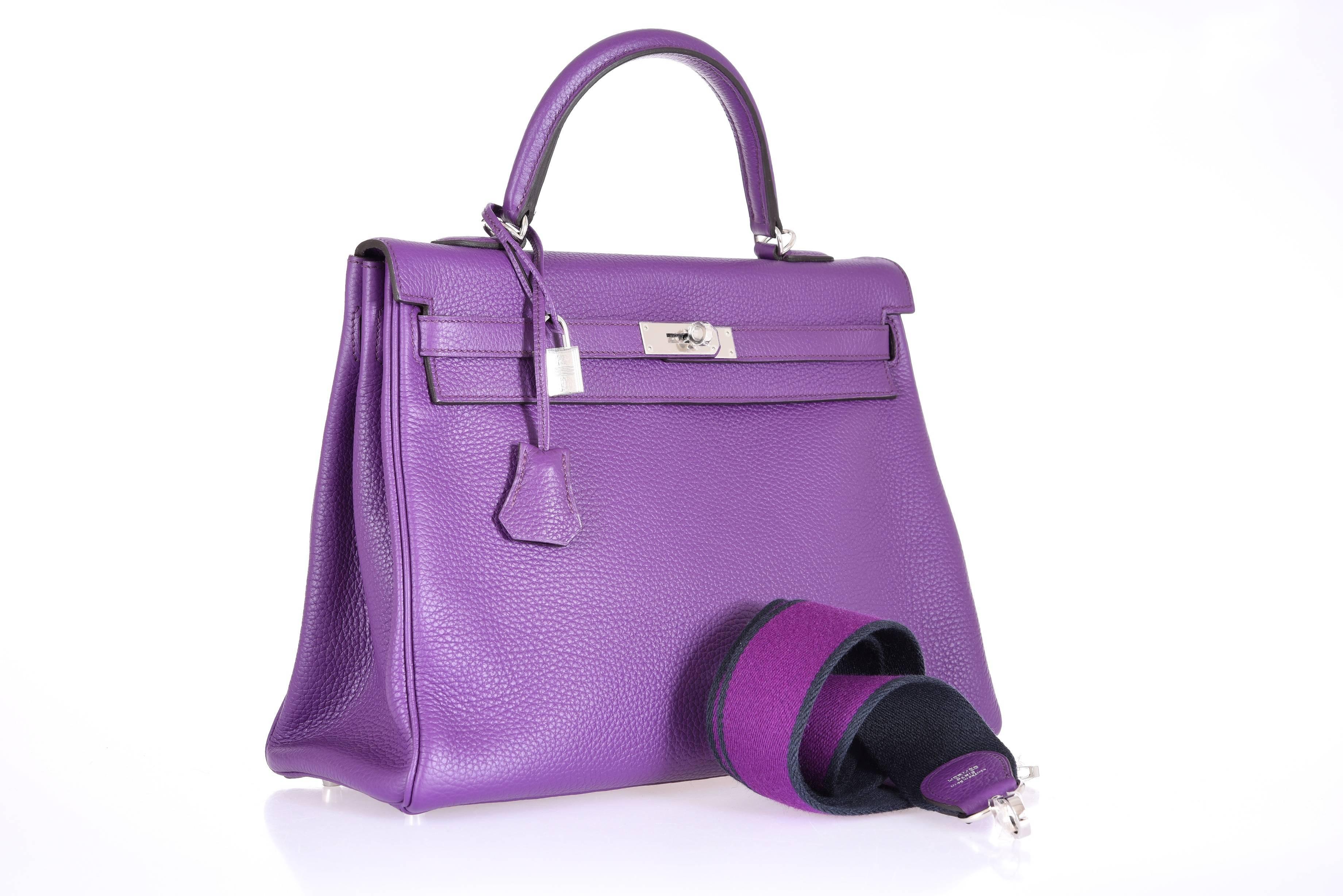 Hermes Kelly Bag 35cm Ultra Violet with PHW Amazone strap JaneFinds For Sale 1