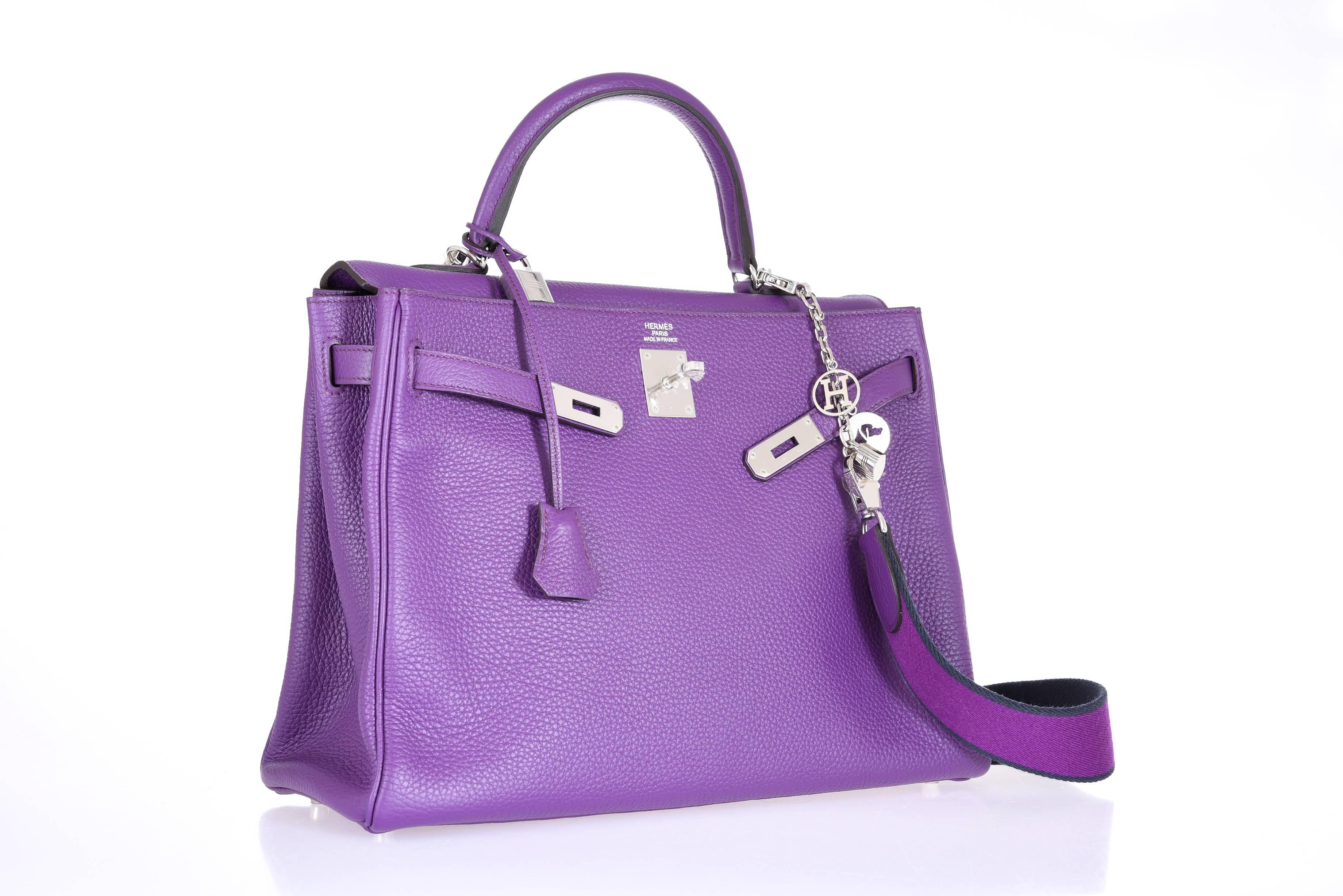 Hermes Kelly Bag 35cm Ultra Violet with PHW Amazone strap JaneFinds For Sale 2