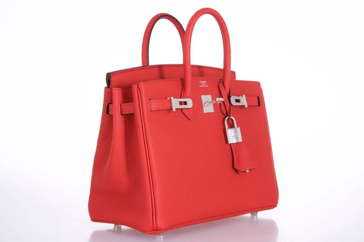 Stunning Hermes 25cm Birkin Geranium with palladium hardware In New Condition For Sale In NYC Tri-State/Miami, NY