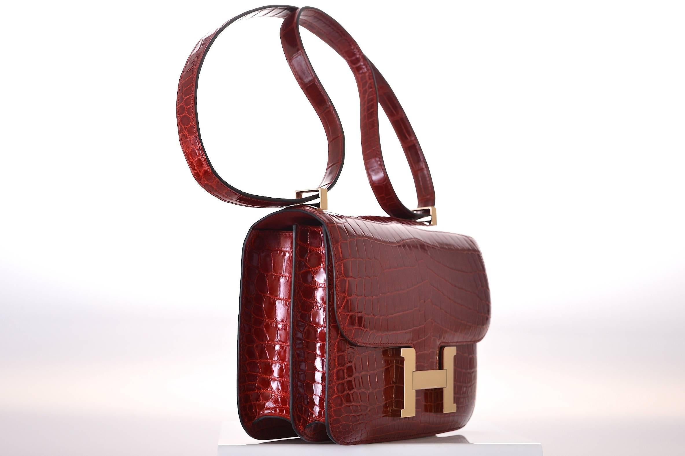 New Condition

Hermes Constance in a perfect super rare size 24cm! Incredible Rouge H nilo crocodile with Gold hardware. Actually big enough for everyday use. Comfy double strap that is perfect to carry cross body or shoulder bag. The color will