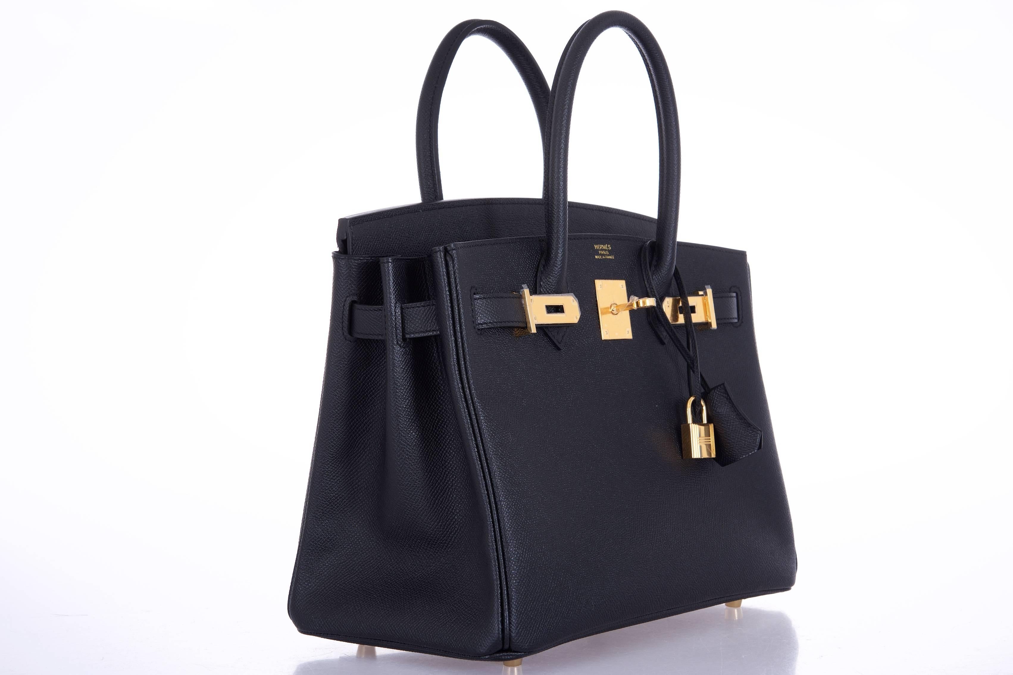 New Condition
Hermes 30cm Black Epsom birkin with Gold hardware!
 
12" Width x 8" Height x 6” Depth
Hermes Birkin 30cm with a 30cm bagnizer included!

Black 30cm with gold in epsom leather is a super rare find. This combination is timeless