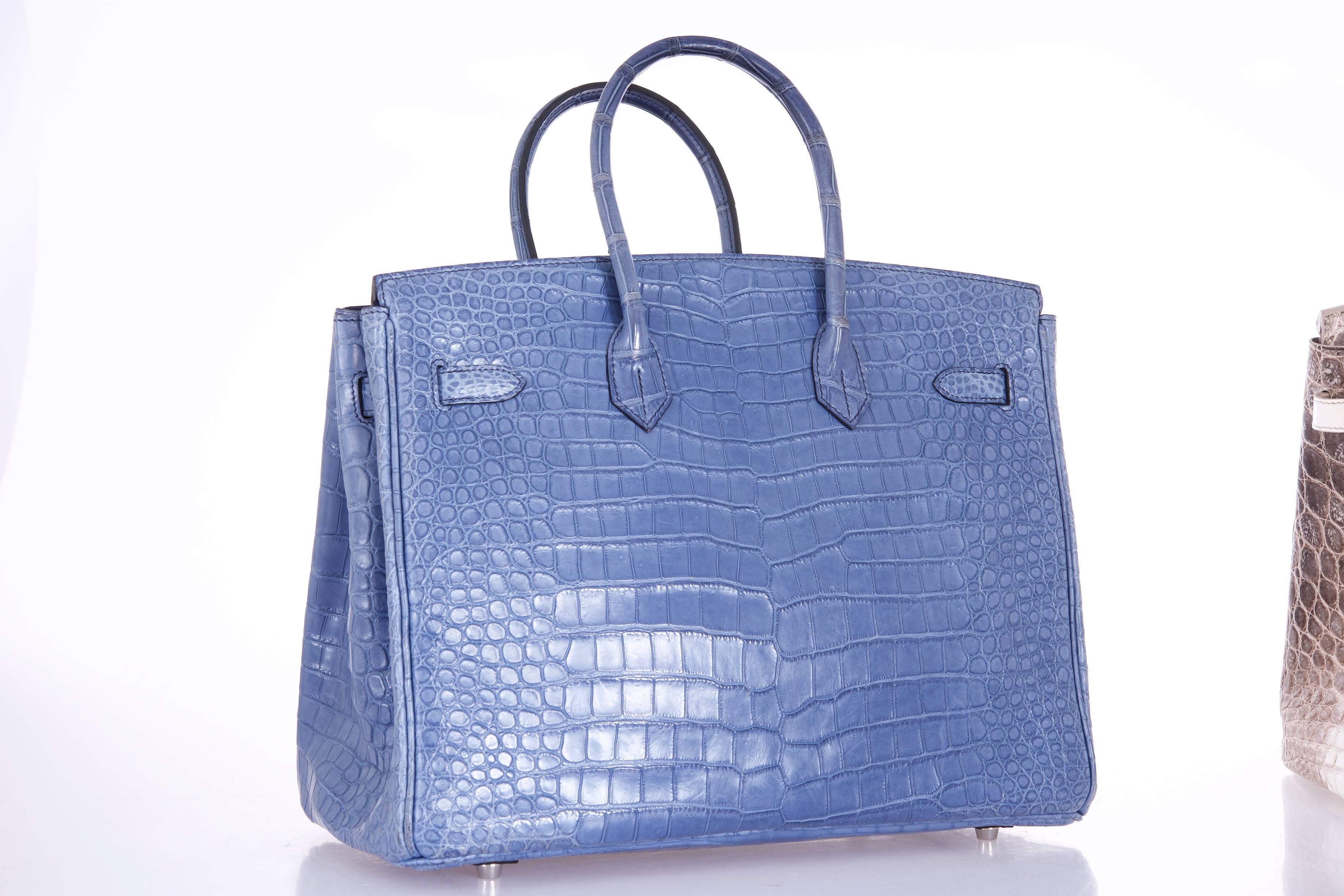 Hermes Birkin Bag 35cm Matte Bleu Brighton Porosus Crocodile Palladium  For Sale 3