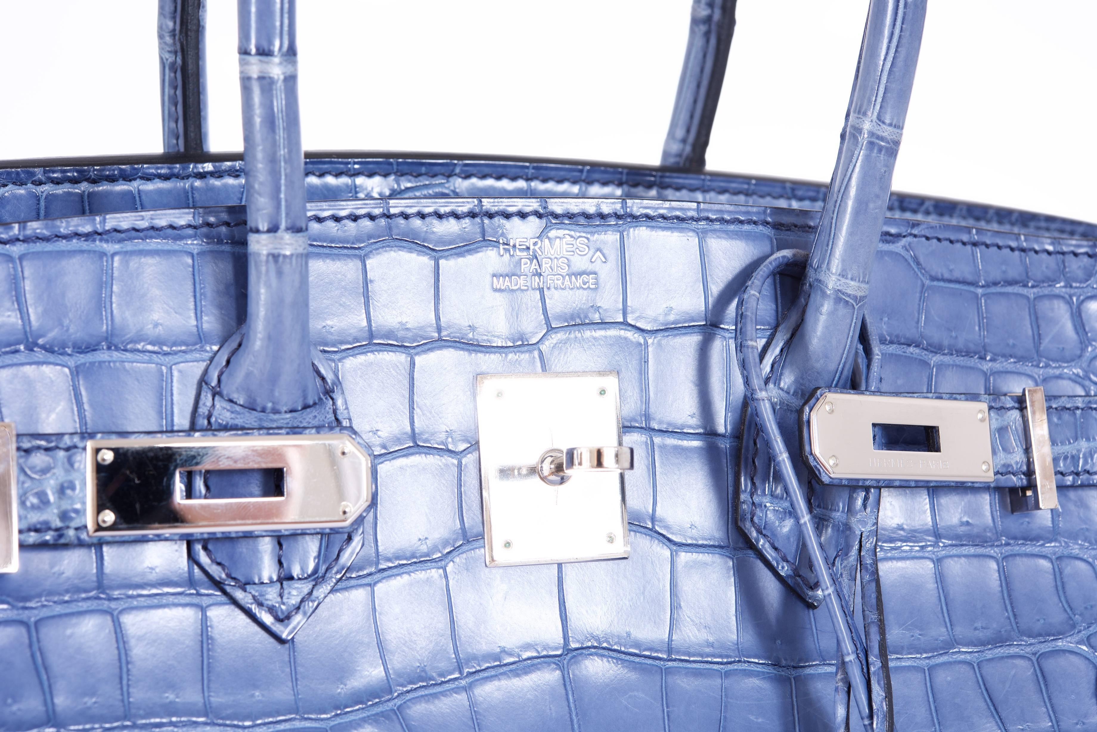 Hermes Birkin Bag 35cm Matte Bleu Brighton Porosus Crocodile Palladium  For Sale 4