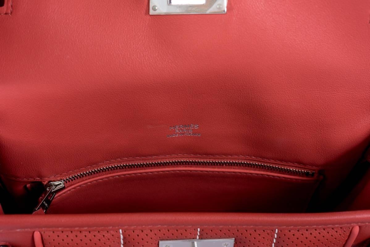 Red Hermes-Berline-Handbag-Perforated-Swift-28 Brique Must see! For Sale