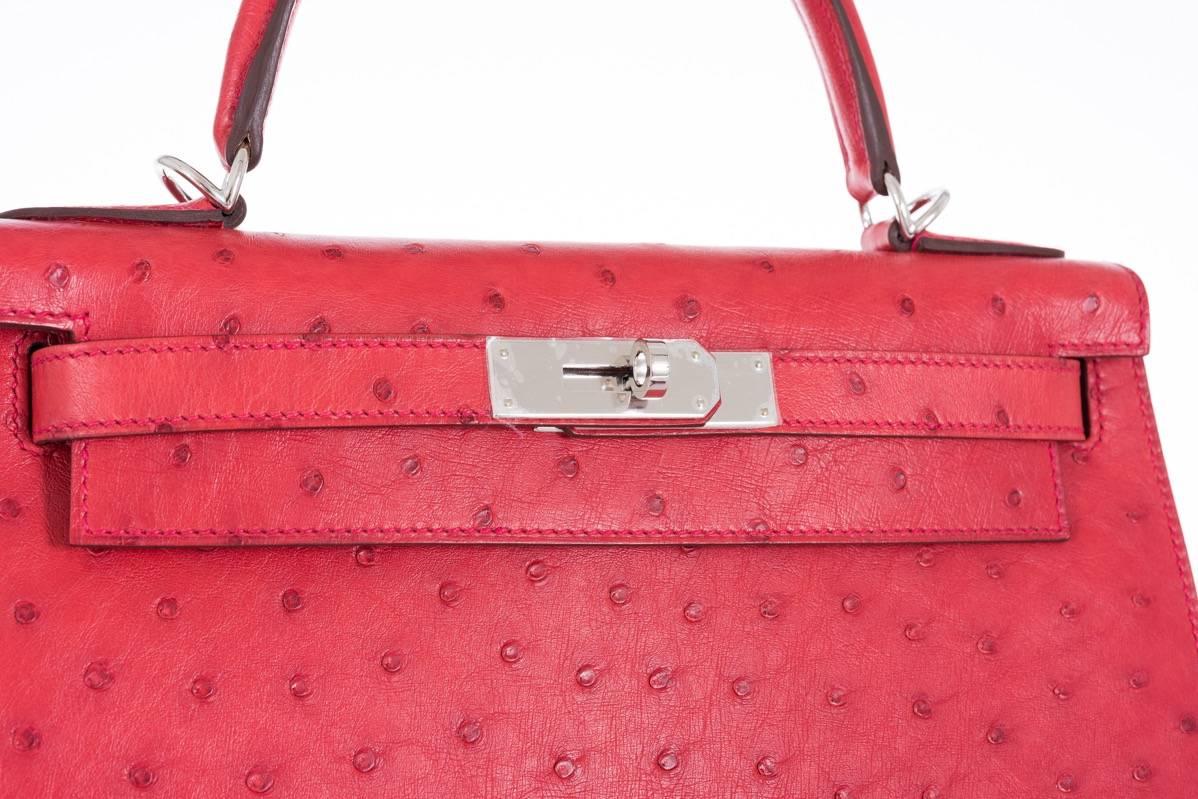 Red Hermes Ostrich Kelly 28cm Rouge Vif Palladium Hardware  For Sale