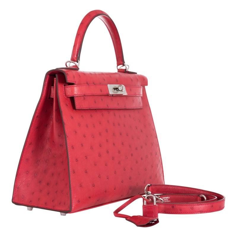 Hermes Ostrich Kelly 28cm Rouge Vif Palladium Hardware  In New Condition For Sale In NYC Tri-State/Miami, NY