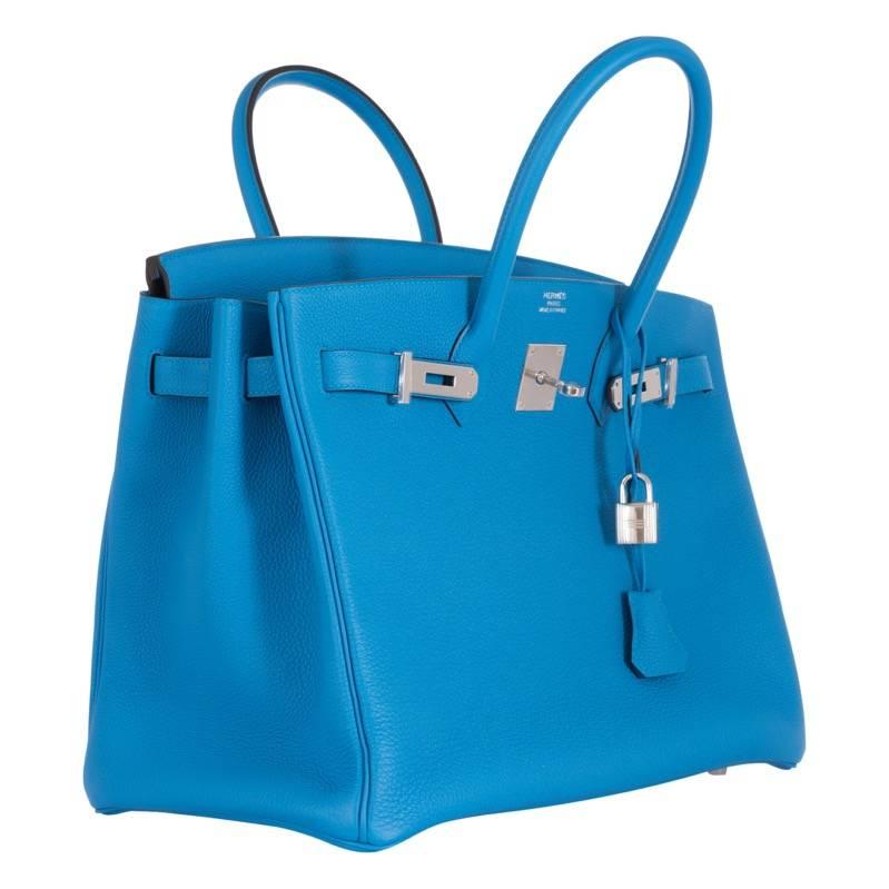 Hermes 35cm Birkin Bag Blue Zanzibar 

Blue Zanzibar is the most stunning new blue color for Spring & Summer 2017. The Interior is lined with Blue Zanzibar chevre, a front toggle closure, a clochette with lock and two keys, and double rolled