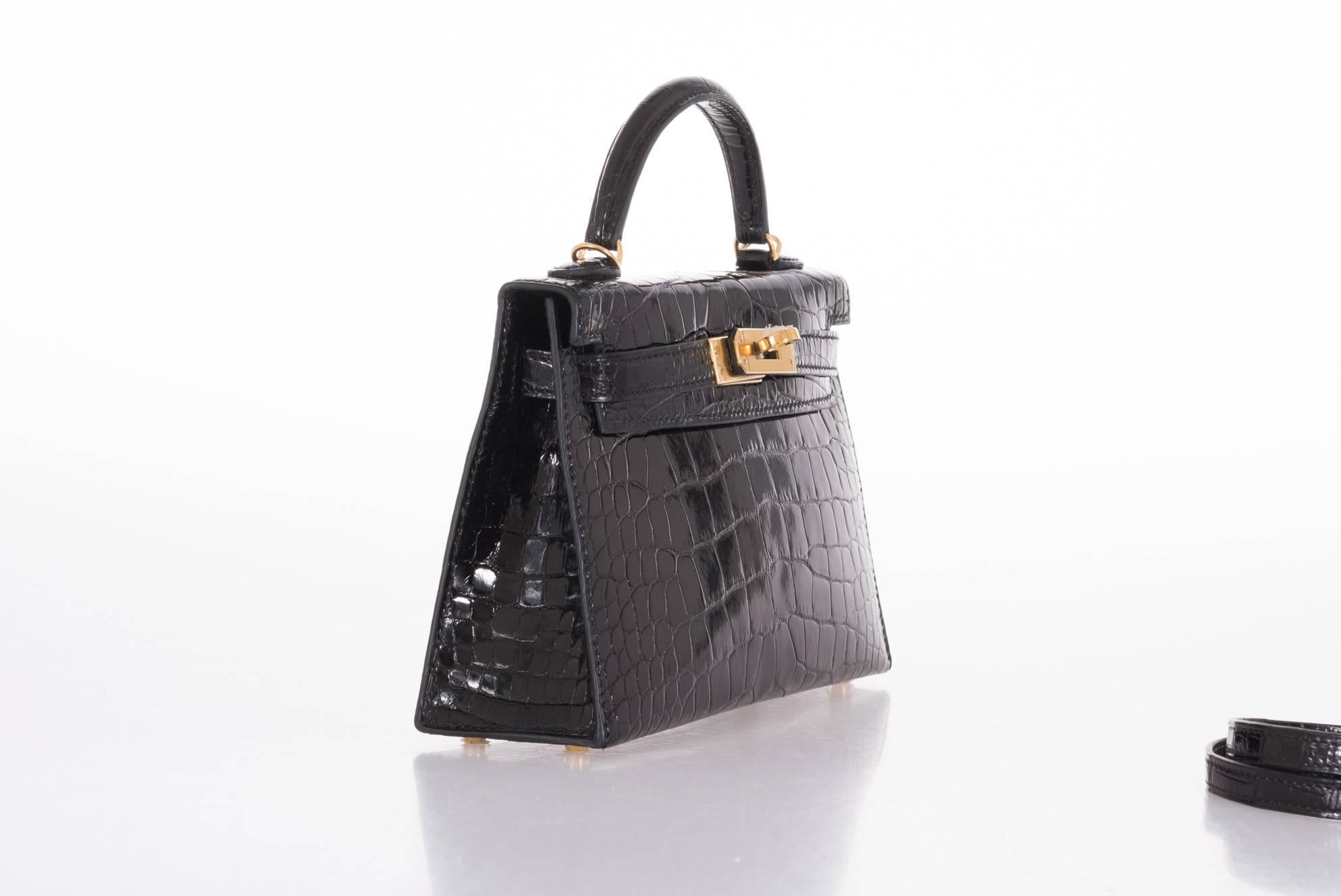 New limited edition Hermes Kelly you have never seen before! 
Hermes 20cm Kelly in stunning new black shiny alligator with gold hardware.

This 20cm cross body Kelly is big enough to fit an iPhone 6/7 plus! Very limited production and only offered