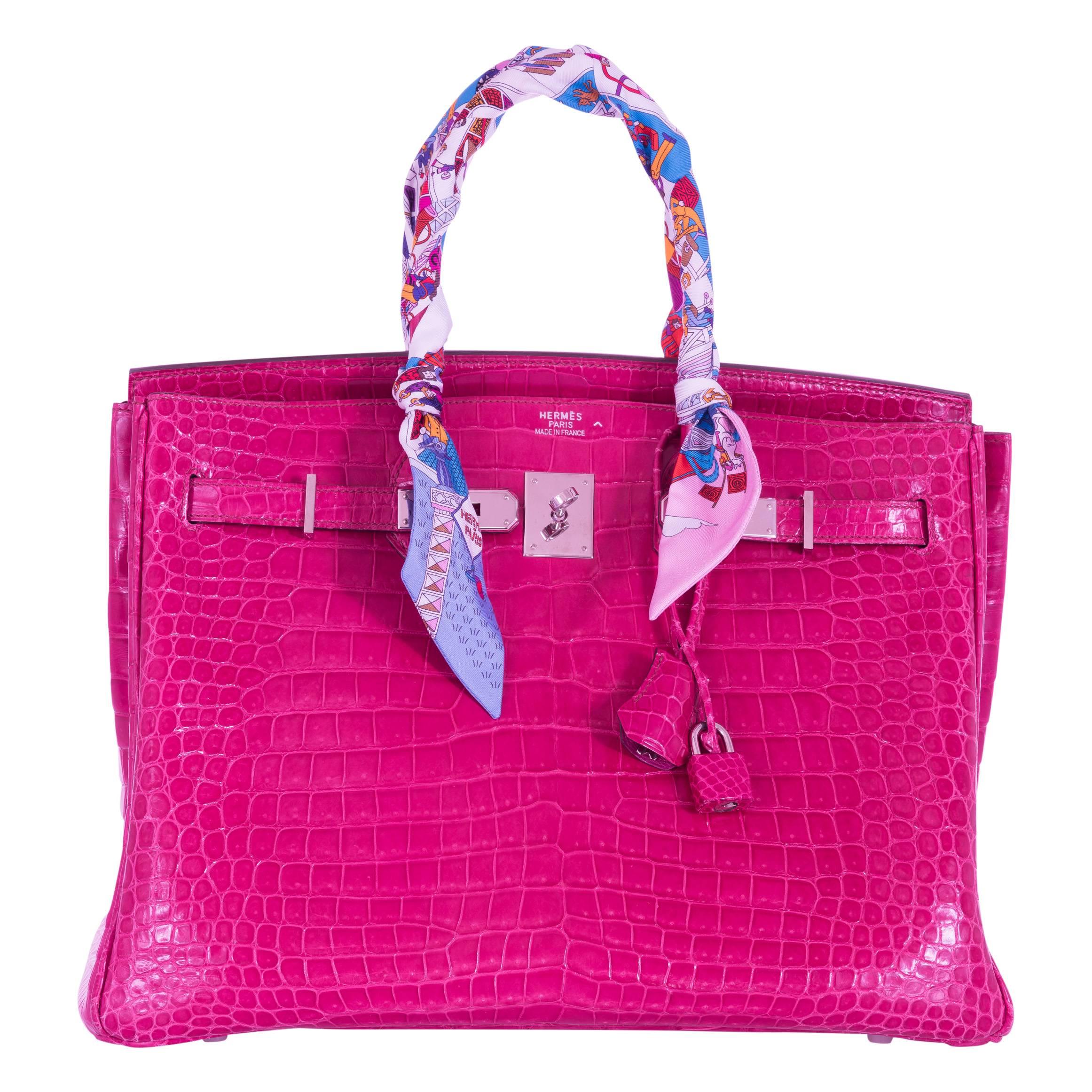 Women's or Men's Hermes Birkin 35cm Crocodile Pink Fuchsia Palladium Hardware For Sale