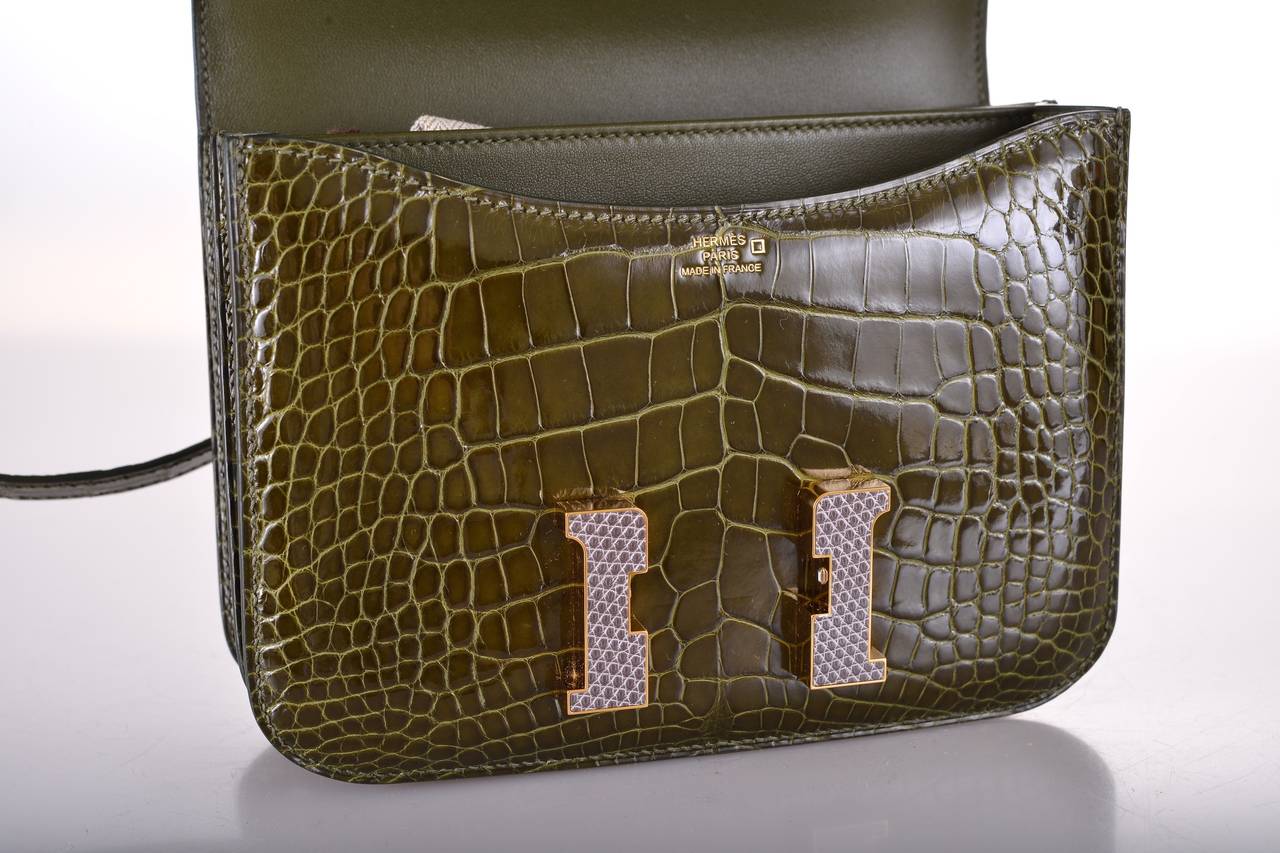 HERMES CONSTANCE BAG ALLIGATOR 18cm VERT VERONESE /GLD & LIZARD AGATE JaneFinds In New Condition For Sale In NYC Tri-State/Miami, NY