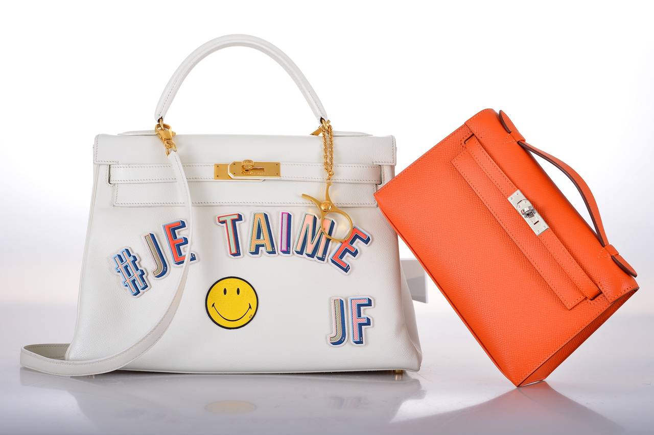 Hermes 32m vintage Kelly with Anya Hindmarch playful 3 dimensional leather stickers that Spell out 