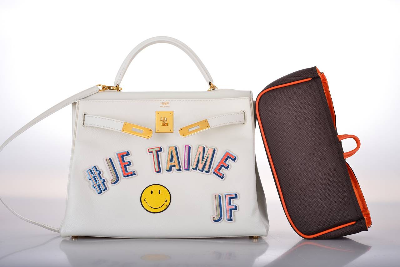 JF ONE & ONLY HERMES JE TAIME JF 32cm WHITE KELLY VINTAGE GOLD HARDWARE 2DIE! 1