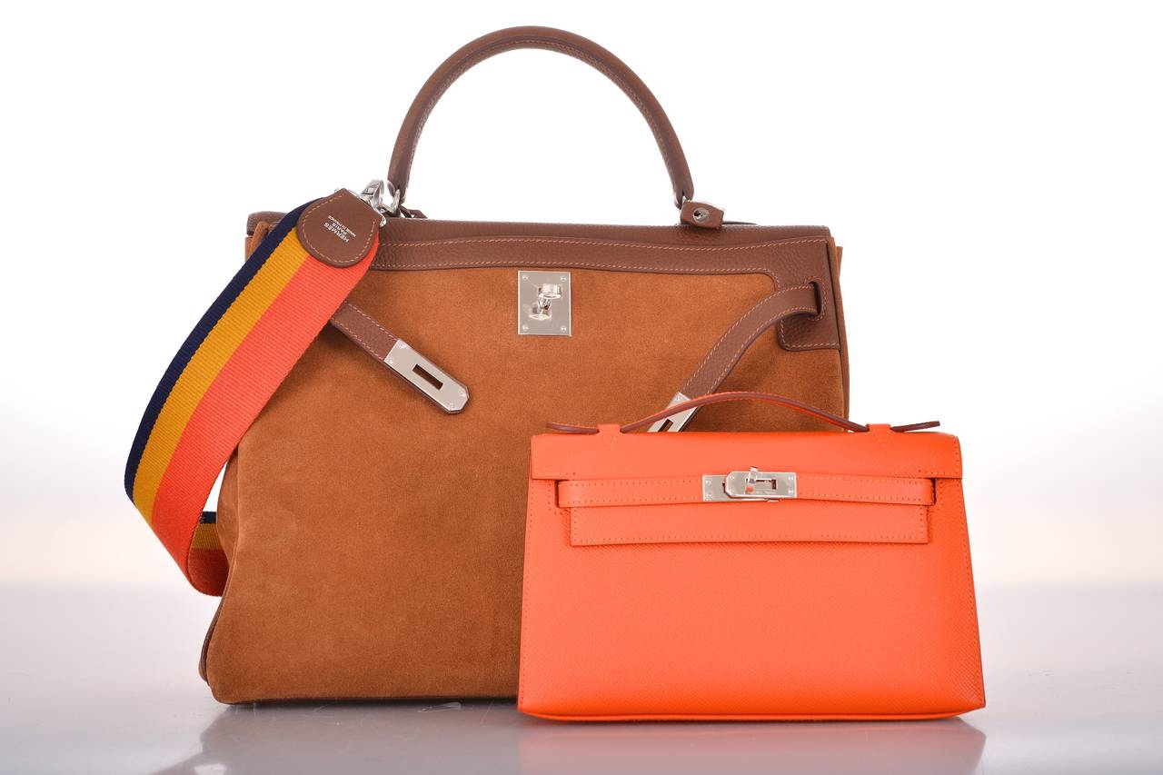 HERMES KELLY BAG 35cm GRIZZLY SUEDE WITH RAINBOW STRAP Janefinds In New Condition In NYC Tri-State/Miami, NY