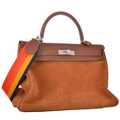 HERMES KELLY BAG 35cm GRIZZLY SUEDE WITH RAINBOW STRAP Janefinds