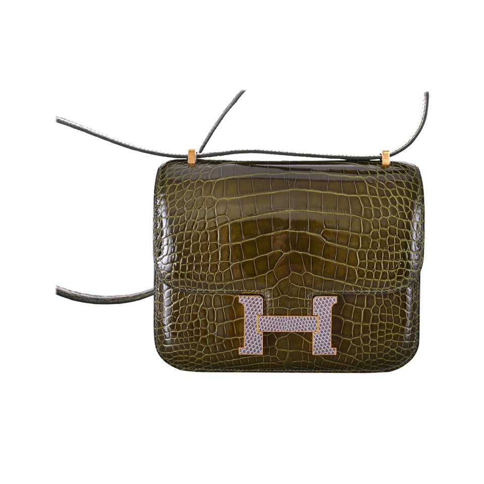 HERMES CONSTANCE BAG ALLIGATOR 18cm VERT VERONESE /GLD & LIZARD AGATE JaneFinds For Sale