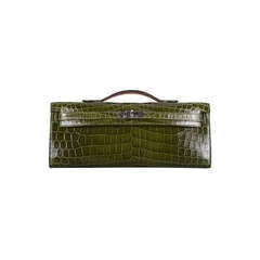 HERMES CROCODILE BAG KELLY CUT CLUTCH POCHETTE Vert VERONESE PALL HARDWARE