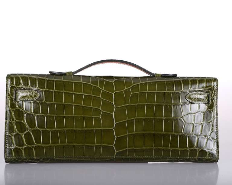 HERMES CROCODILE BAG KELLY CUT CLUTCH POCHETTE Vert VERONESE PALL HARDWARE In New Condition In NYC Tri-State/Miami, NY