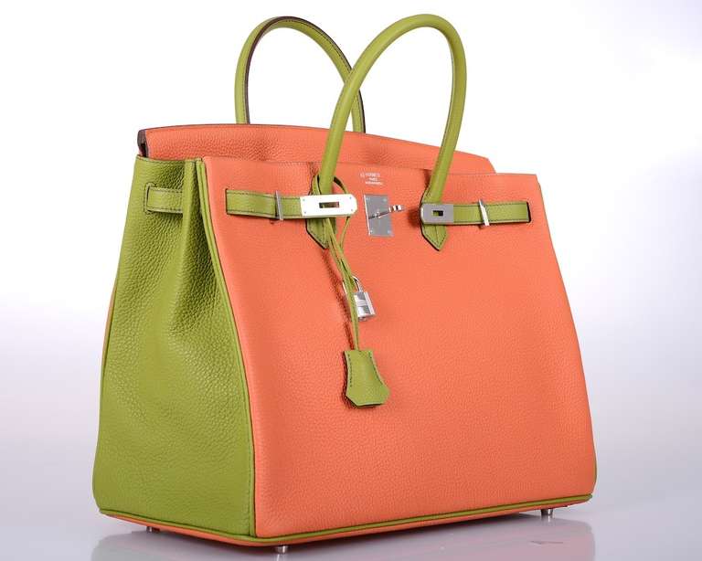 As always, another one of my fab finds! Hermes 40cm Birkin Bag. Orange & vert anis HSS bi color with gold hardware. This bag is stamped with a horseshoe, meaning it was a special order.

The pictures are very accurate! The colors in the daylight
