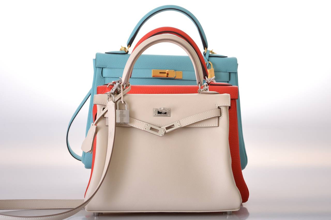 HERMES KELLY BAG 25cm CRAIE KELLY SWIFT PALLADIUM HARDWARE JaneFinds In New Condition In NYC Tri-State/Miami, NY