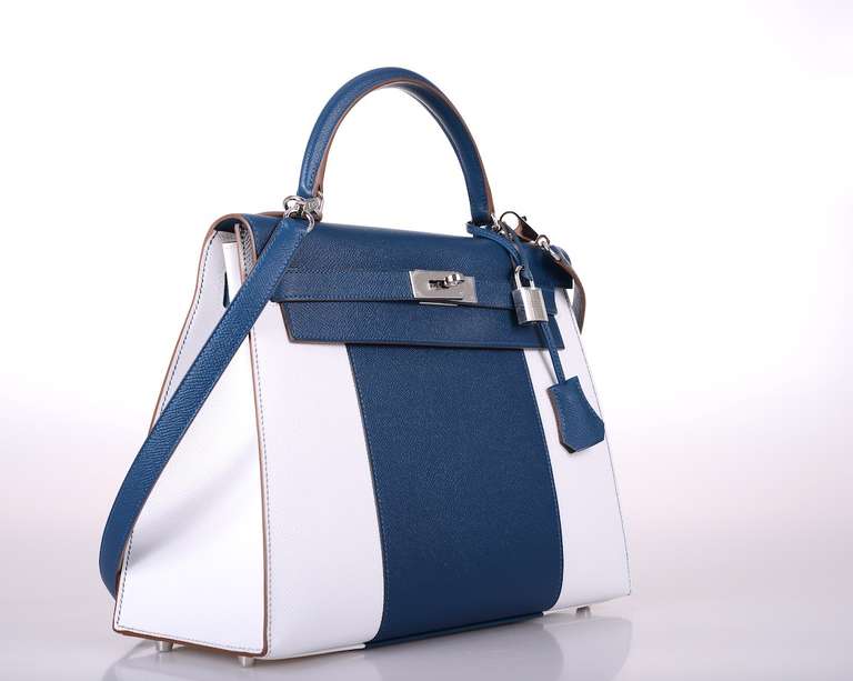 As always, another one of my fab finds! LIMITED EDITION Hermes 32cm KELLY in incredible WHITE AND BLUE THALASSA FLAG EPSOM leather.

THE COLOR COMBINATION IS TRULY AMAZING! A CLASSIC FOR THE SUMMER WHEN JUST THE TYPICAL WON'T DO!

This bag comes