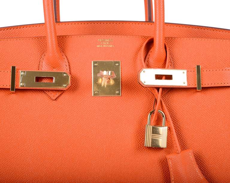 As always, another one of my fab finds! Hermes 30cm NEW ORANGE COLOR BIRKIN EPSOM LEATHER WITH GOLD HARDWARE!
THIS BAG WILL TAKE YOUR BREATH AWAY! TRULY A MASTER PIECE!

This bag comes with lock, keys, clochette, a sleeper for the bag, rain