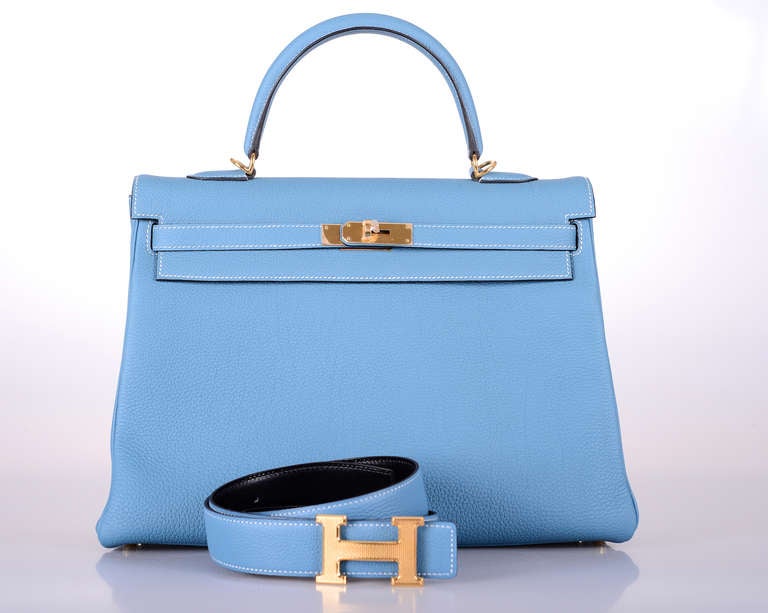 HERMES KELLY BAG 35cm BLUE JEAN TOGO GOLD HARDWARE JaneFinds In New Condition In NYC Tri-State/Miami, NY