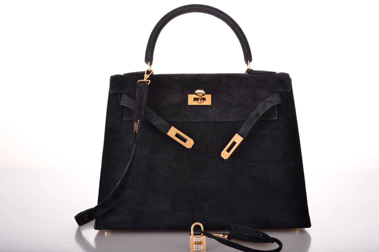 HERMES KELLY 25CM BLACK SUEDE WITH DIAMONDS SUPER RARE JaneFinds In Excellent Condition In NYC Tri-State/Miami, NY