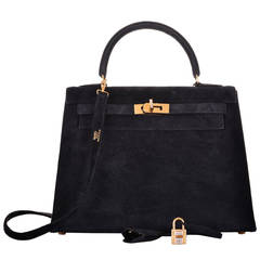 HERMES KELLY 25CM BLACK SUEDE WITH DIAMONDS SUPER RARE JaneFinds