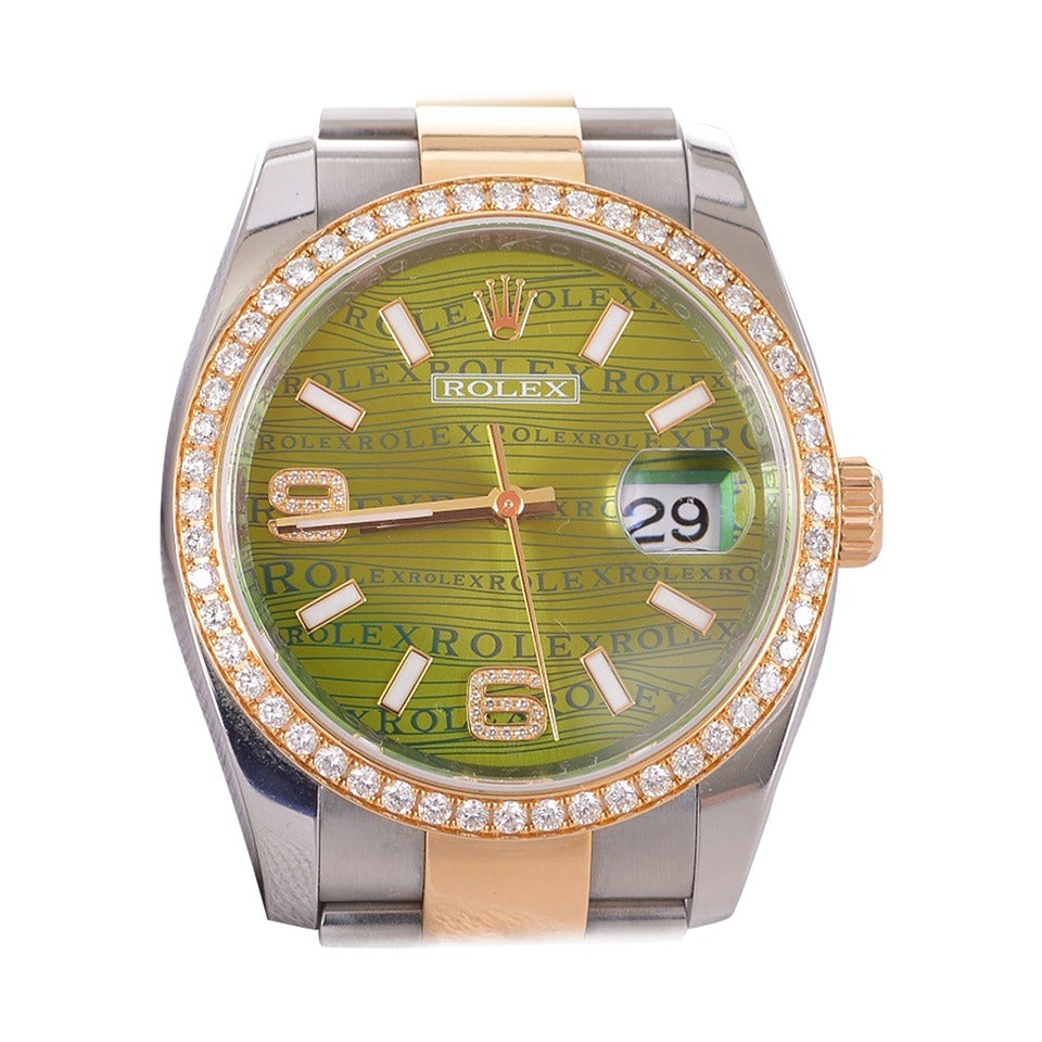 Rolex Yellow Gold Stainless Steel Rare Datejust Diamond Bezel Wristwatch For Sale