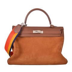 HERMES KELLY BAG 35CM LIMITED EDITION GRIZZLY SUEDE WITH RAINBOW STRAP JaneFinds