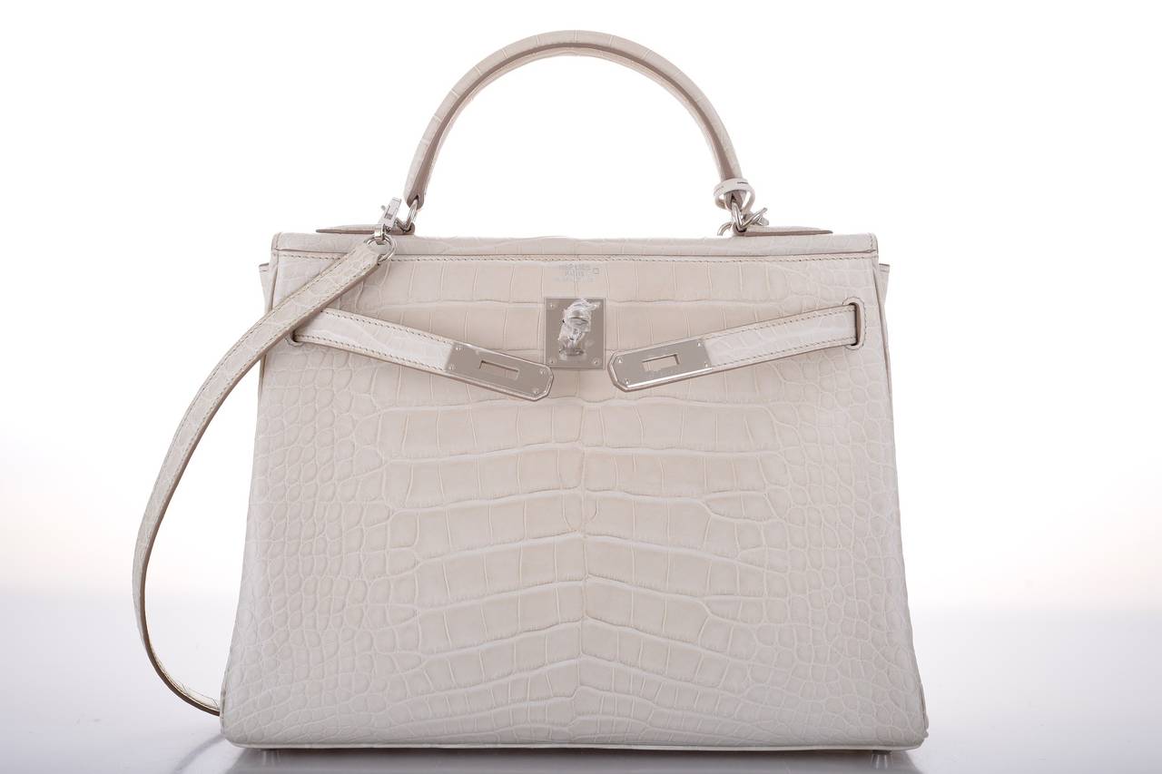 HERMES KELLY BAG 32cm BETON MATTE ALLIGATOR WITH PALLADIUM HARDWARE JaneFinds In New Condition In NYC Tri-State/Miami, NY