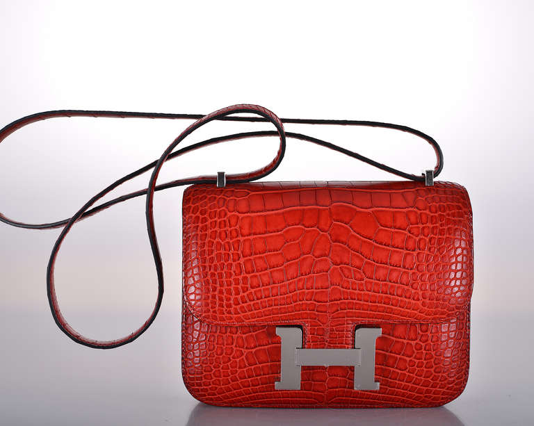 HERMES CONSTANCE BAG ALLIGATOR 18cm ROUGE H WITH PALL HARDWARE JaneFinds In New Condition In NYC Tri-State/Miami, NY