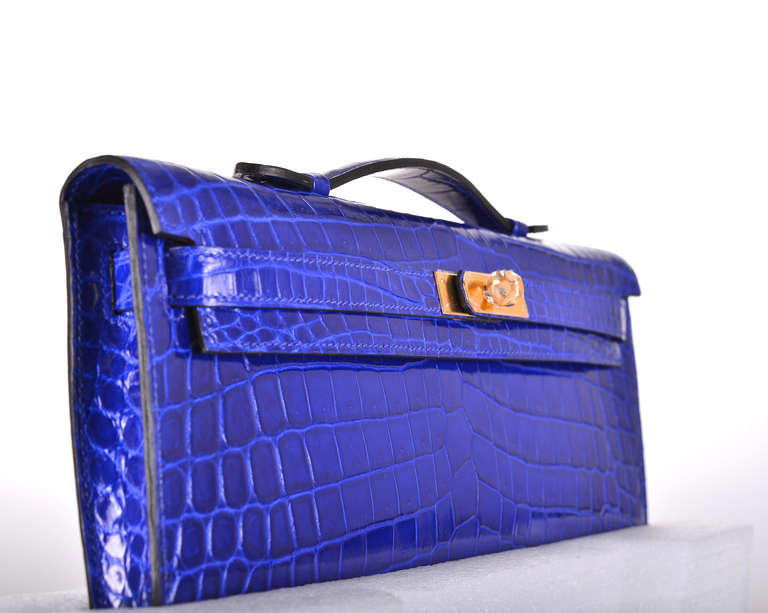 ON FIRE! HERMES CROCODILE BAG KELLY CUT CLUTCH POCHETTE Blue ELECTRIC GOLD HARD 1