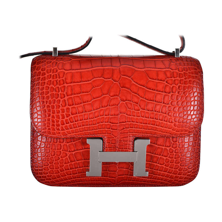 HERMES CONSTANCE BAG ALLIGATOR 18cm ROUGE H WITH PALL HARDWARE JaneFinds