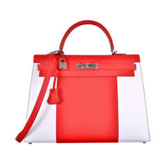 HERMES KELLY FLAG BAG 35cm WHITE * Red * EPSOM JaneFinds